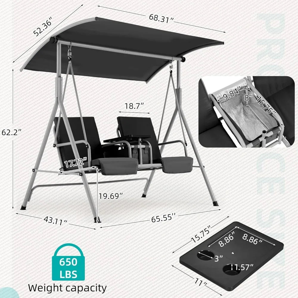 2 Seat Outdoor Porch Swing,Patio Swing with Adjustable Canopy,Heavy Duty 650 LBS Outdoor Swing with Pivot Storage Table & 2 Cup
