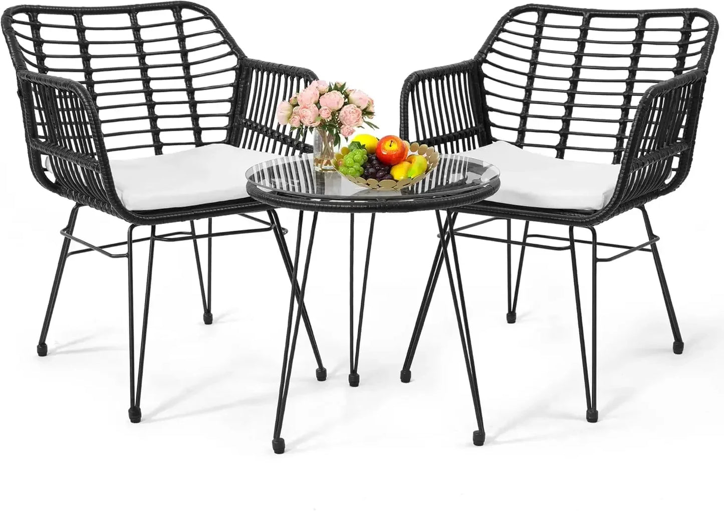 5 Piece Wicker Bistro Patio Conversation Furniture Set, Includes 2 Chairs, 2 Ottomans, and Side Table, Ideal for Porch, Balcony