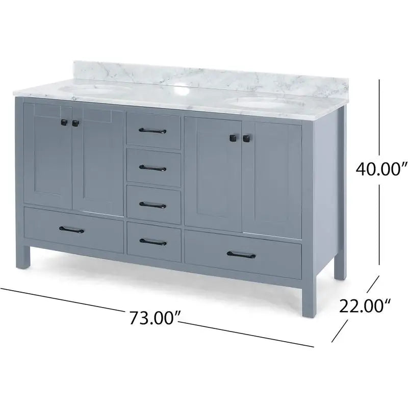 73" Bathroom Vanity with Marble Top & Dual Ceramic Sinks, 4 Cabinet Doors, 6 Drawers, Grey Finish