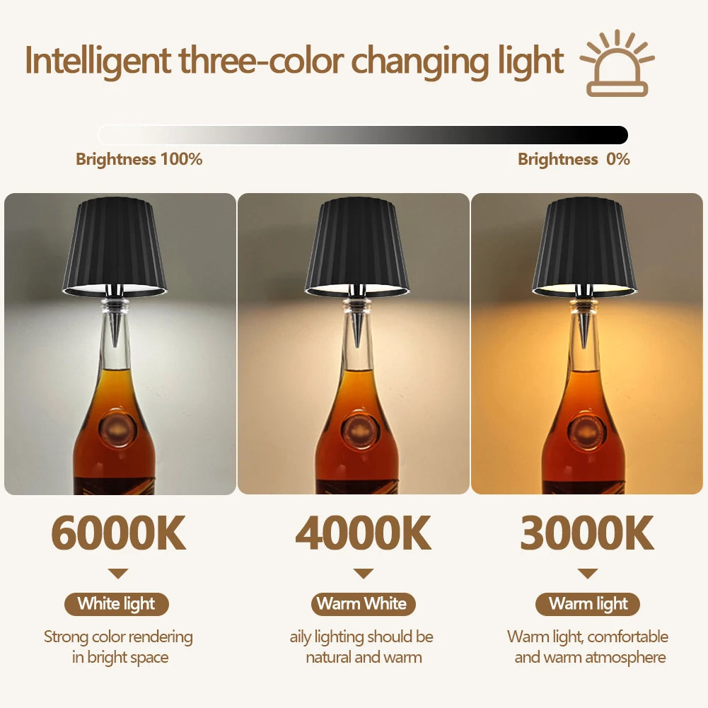 1Pcs Wireless Bottle Table Lamp Touch Control of 3 Colors and Stepless Dimming Night Lamp for Bar Wine Bottles Desk Lights