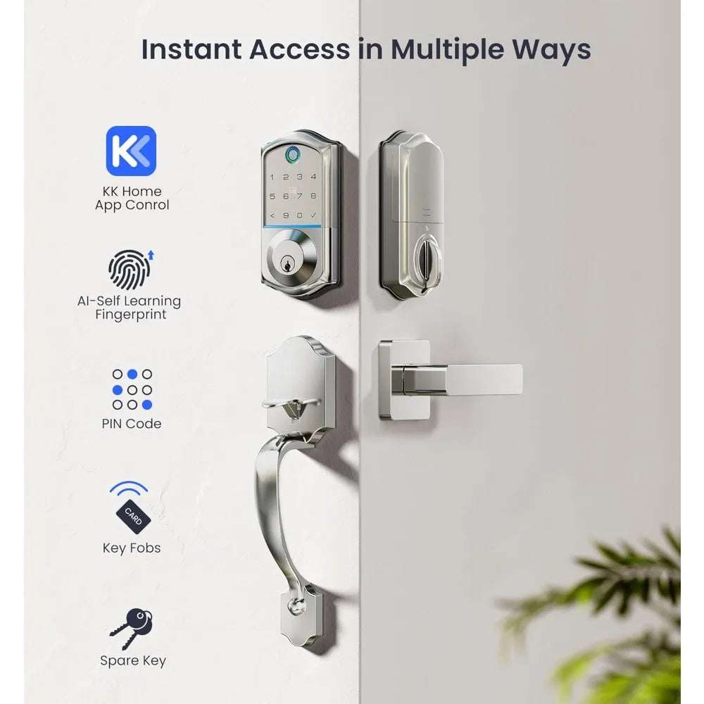 VE017-H Fingerprint Smart Front Door Lock Set, App Control, Keyless Entry Deadbolt with Handle, Smart Deadbolt, Emergency Power