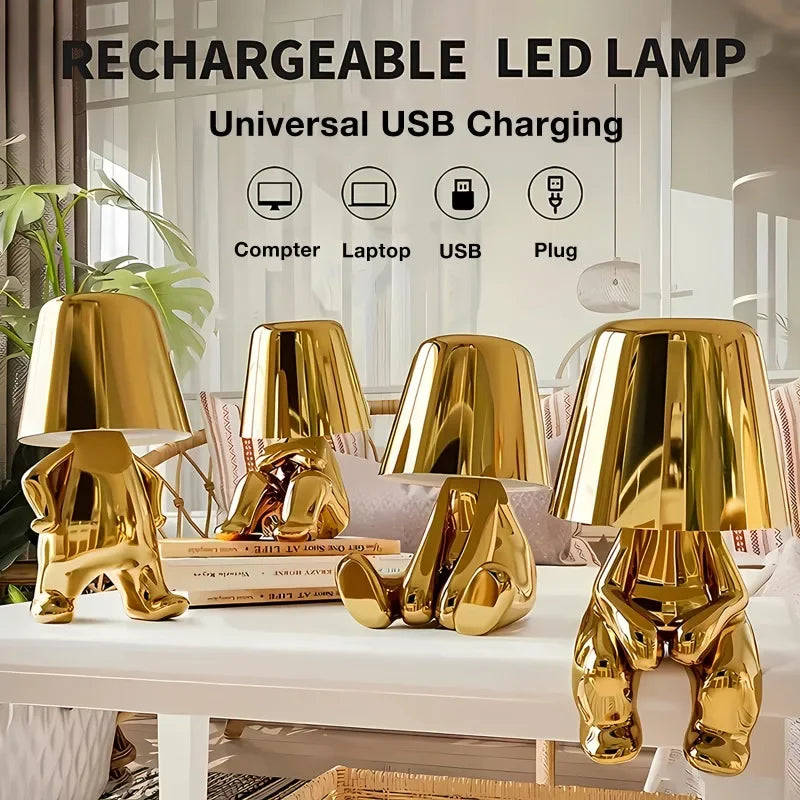 Bedside Touch Control Table Lamp, Thinker Golden Man Statue LED Table Lamp, USB Rechargeable, 3-Speed Dimmer, Home Living Room