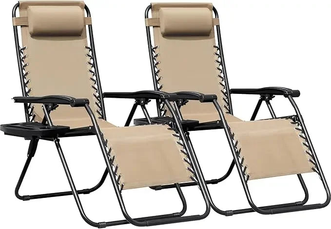 Zero Gravity Chairs Set of 2 Adjustable Steel Mesh Recliners Beach Deck Lawn Camping Patio Foldable Lounge Chair with Cup Holder