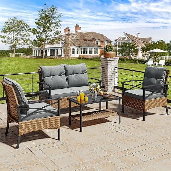 4 pieces patio furniture set outdoor wicker patio conversation set with metal table and soft cushions all-weather rattan bistro