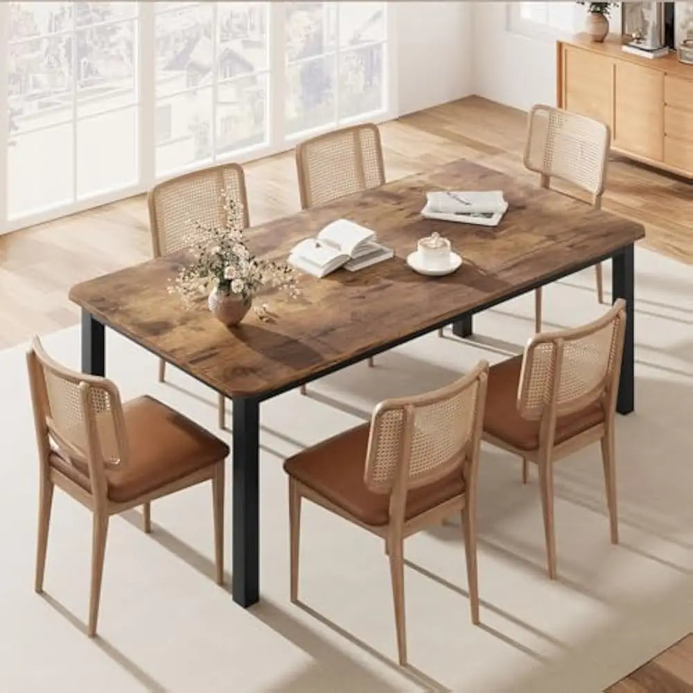 Industrial Dining Table for 6-8 People, 78.7Inch Long Wooden Kitchen Table with Sturdy Metal Frame & Rustic Brown Finish - Seats