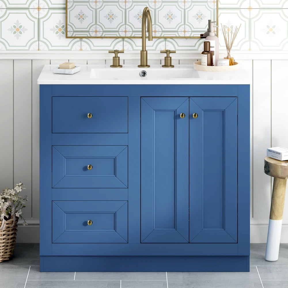 36inch Bathroom Vanity with Ceramic Sink, Bathroom Storage Cabinet with 2 Drawers&  Shelf, Solid Wood and MDF Board