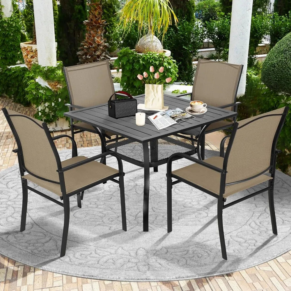 5 - Piece Outdoor Dining Set, Patio Furniture Set with 4 x Textilene Dinning Chairs and 1 Steel Slat Metal Bistro Table for Law