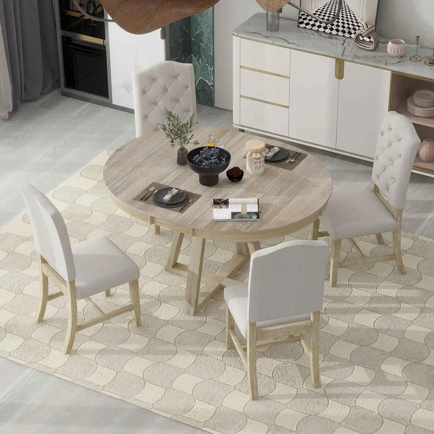 5-Piece Round Dining Table Set, Mid Century Modern Round Dining Table for 4-6 Person, Round Dinner Table with 4 Upholstered