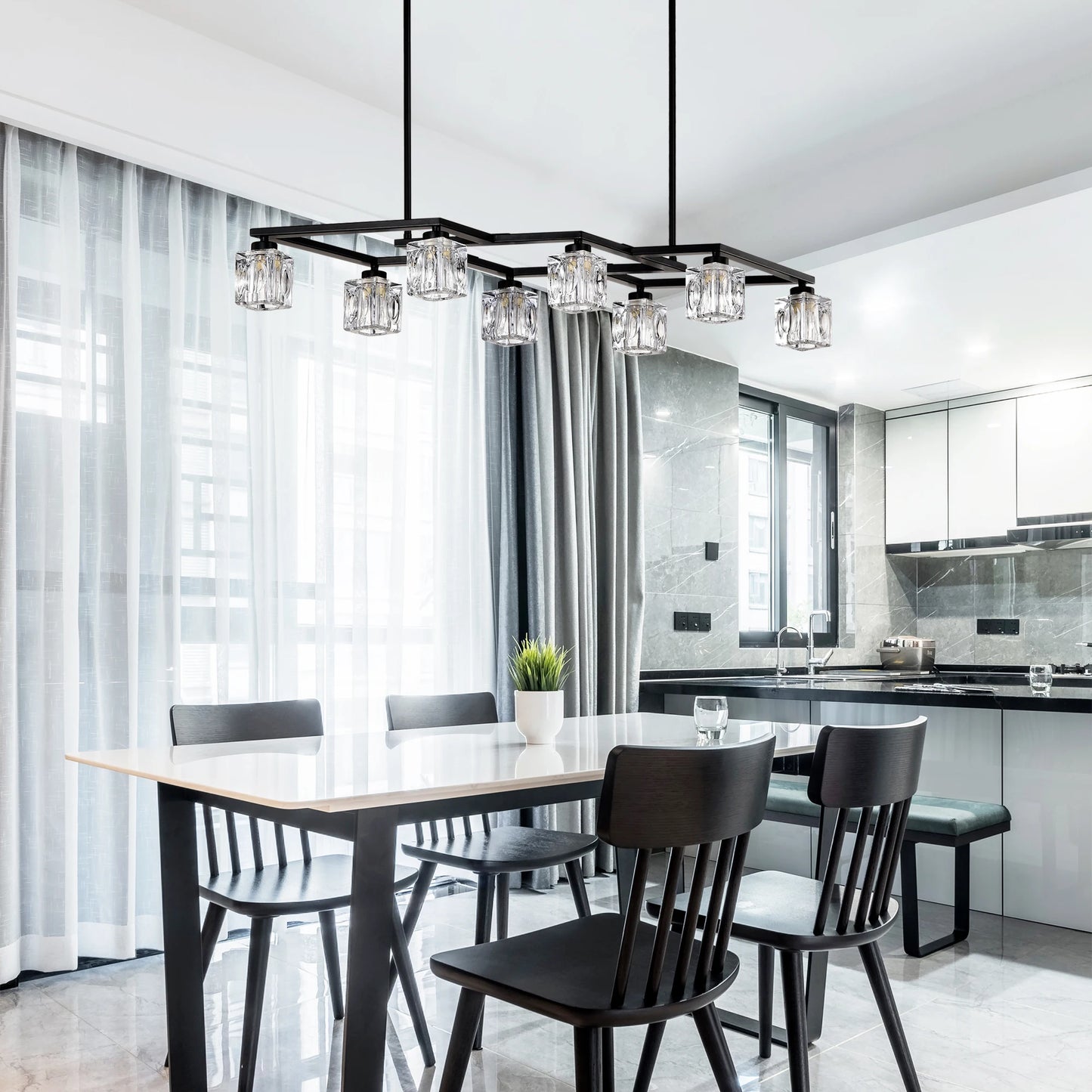 Matte Black Crystal Chandelier for Dining Room, 8-Light Kitchen Chandelier Light Fixture Modern Metal Industrial Chandeliers for