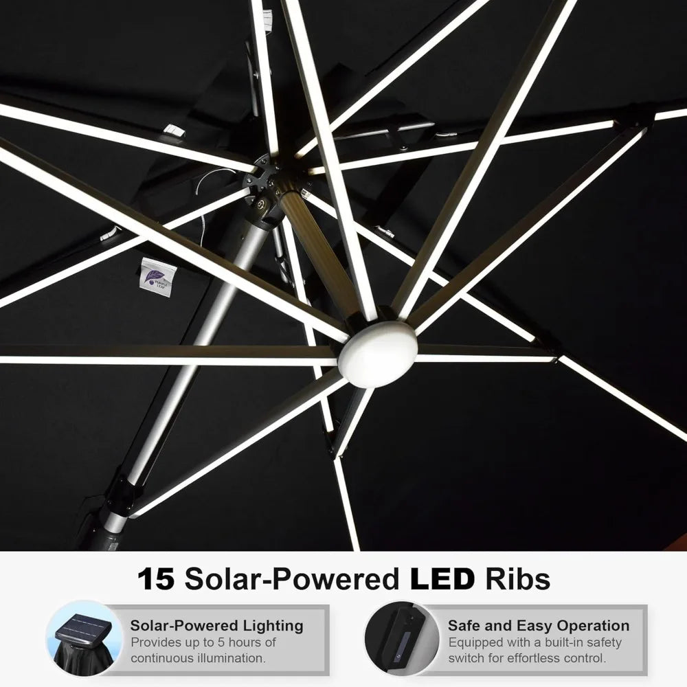 10 Feet Double Top Deluxe Solar Powered LED Square Patio Umbrella Offset Hanging Umbrella Outdoor Market Umbrella Garden Umbrel