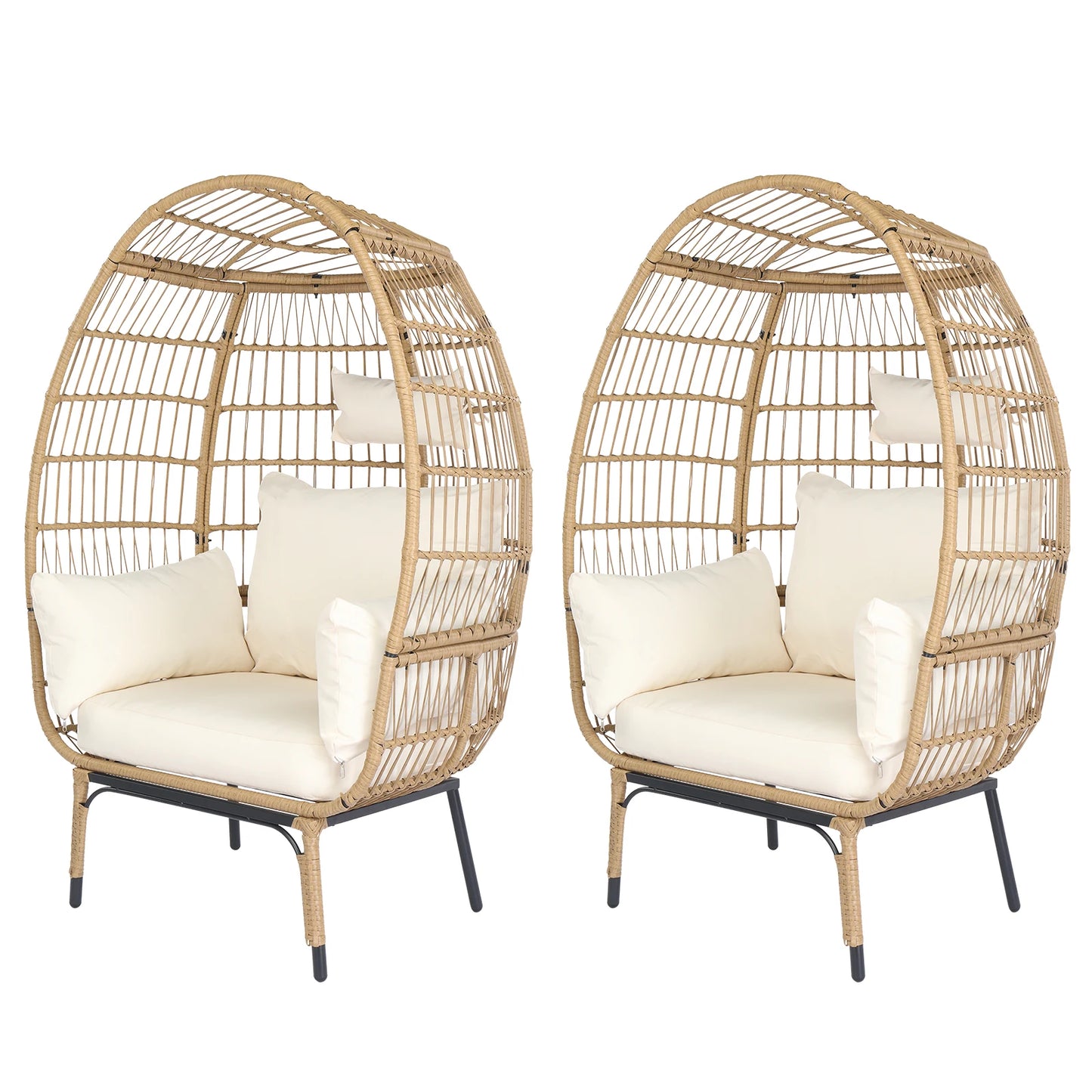 Wicker Egg Chair, Oversized Indoor Outdoor Lounger with Stand and Cushions  Beige Rattan & Creamy White Cushion