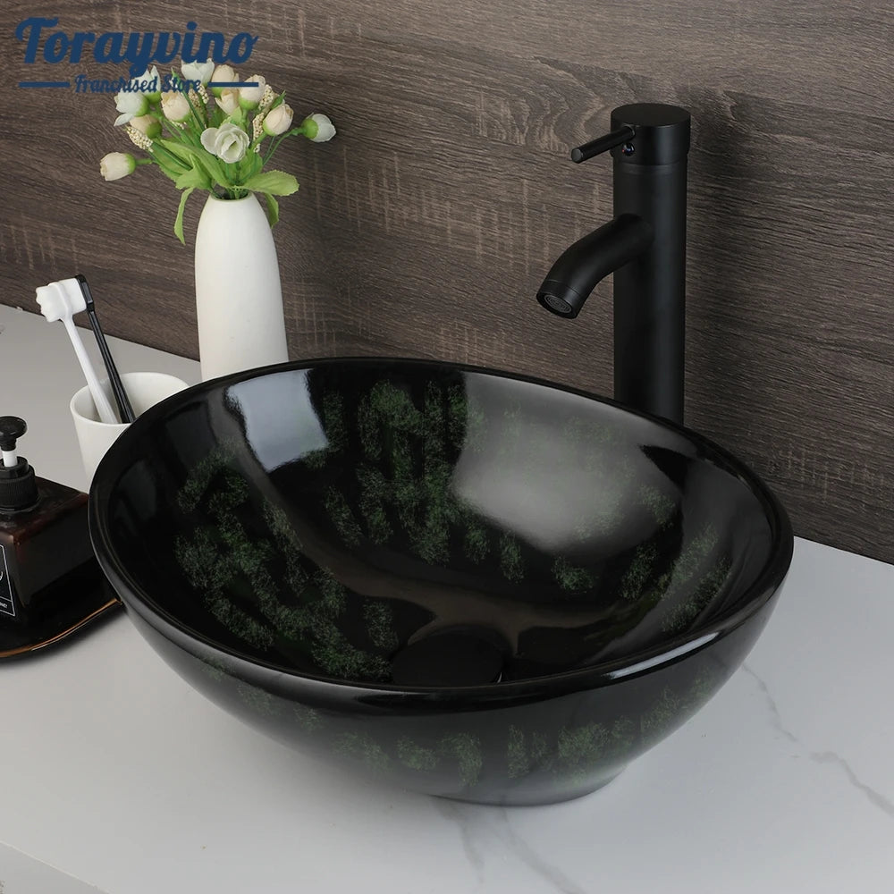Torayvino Bathroom Basin Sink Faucet Combo Ceramic Lavatory Above Counter Art Basin Vanity Sink Matter Black Faucet Mixer