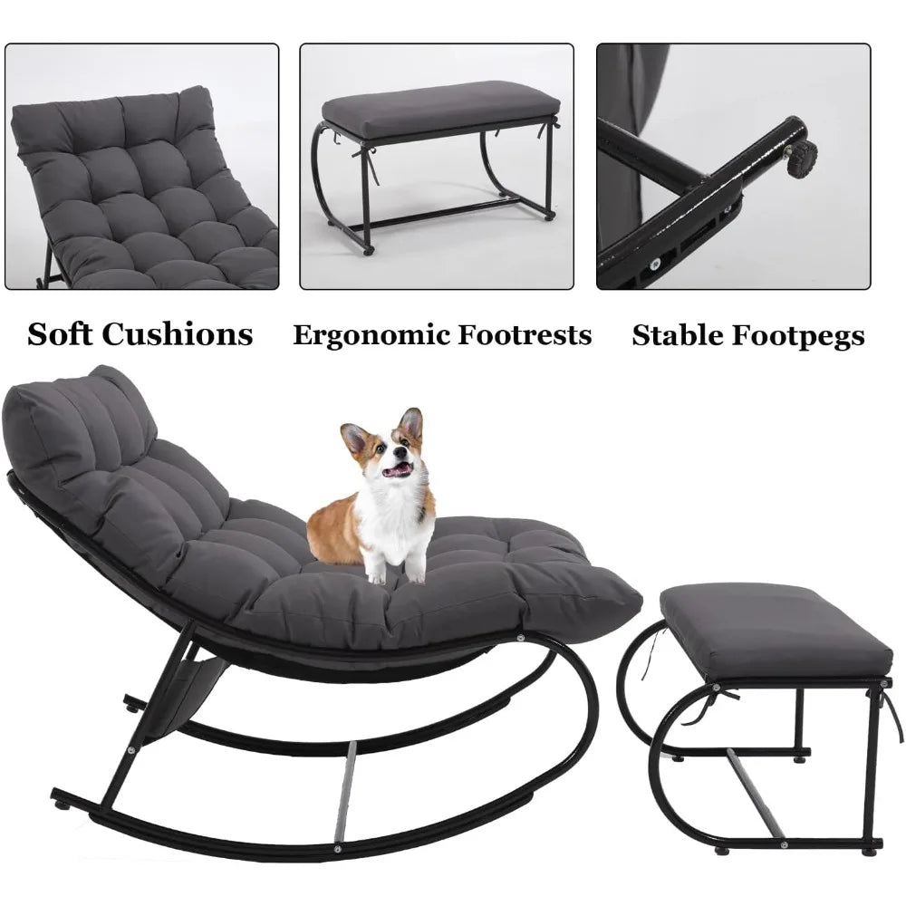 2 Piece Outdoor Rocking Chairs with Ottoman, Patio Oversized Rocking Egg Chair with Cushion, Papasan Chair Set of 2 for Outside,