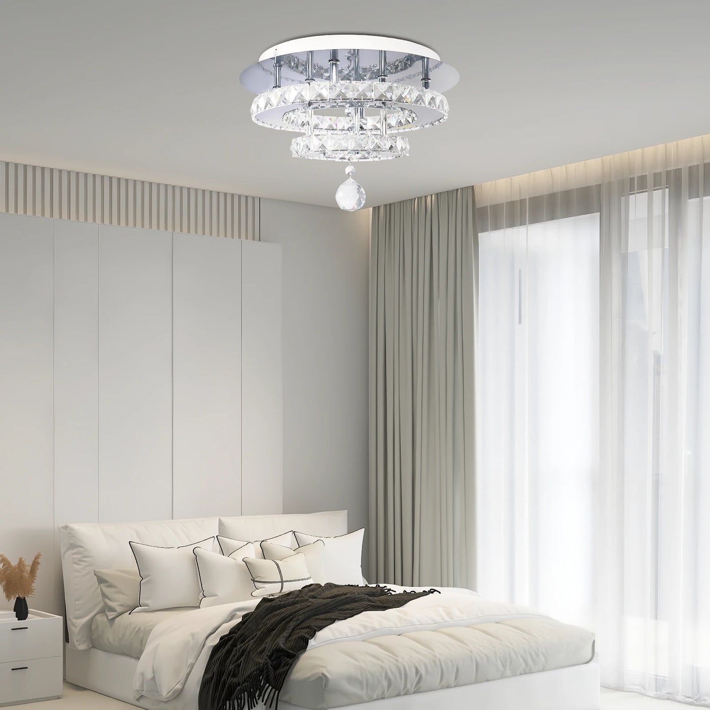 Modern Crystal Ceiling Lamp LED Living Dining Room Ring Pendant Light Chandelier Remote Control Hanging Decor Luminai