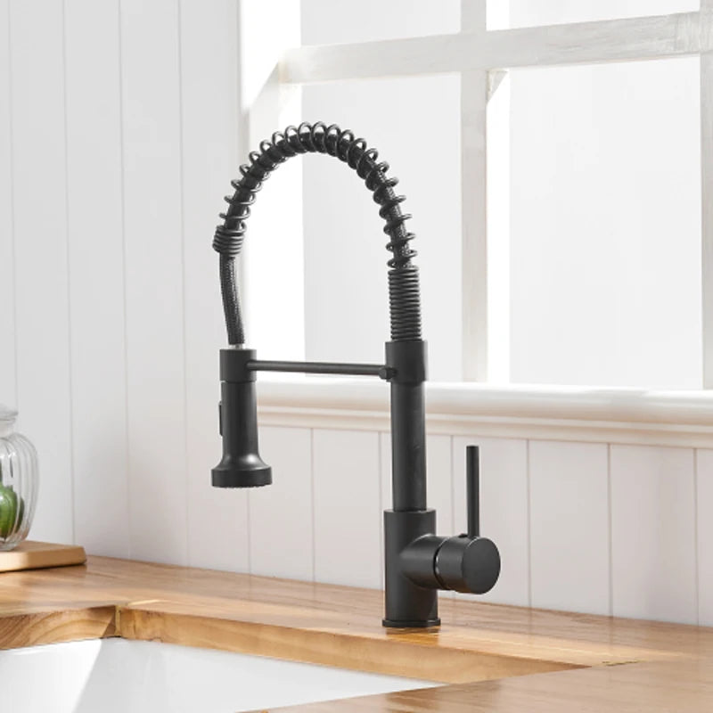 Black Kitchen Faucet 360 Degree Rotation Hot And Cold Wash Basin Tap With Pull Down Sprayer Single Handle Single Lever