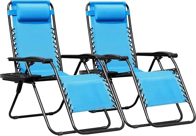 Zero Gravity Chairs Set of 2 Adjustable Steel Mesh Recliners Beach Deck Lawn Camping Patio Foldable Lounge Chair with Cup Holder