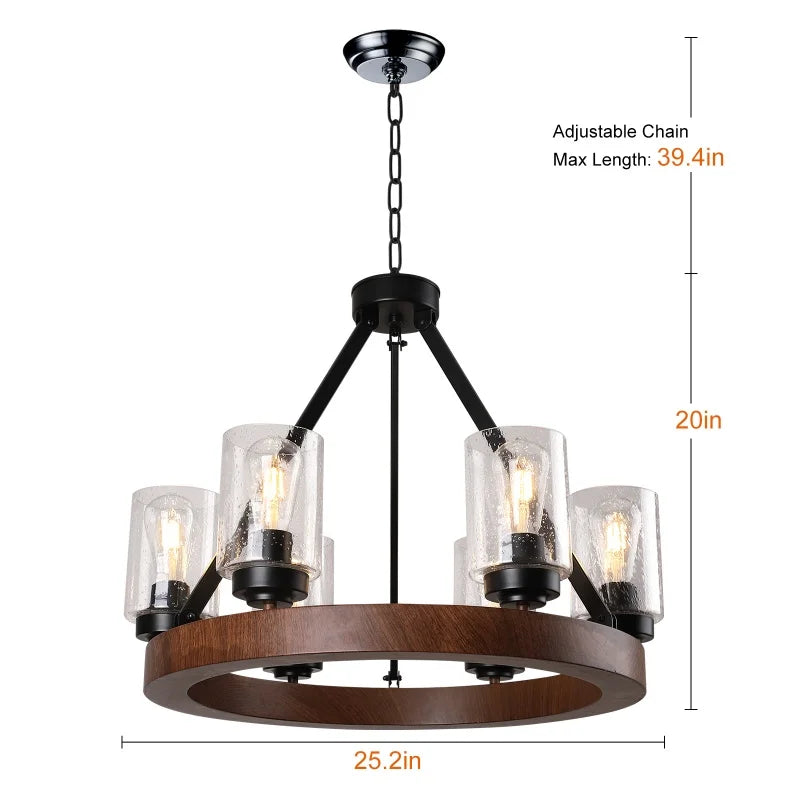 Large Rustic Chandelier with Glass Shades 6-Light Fixture Pendant Lamp for Dining Room and Bedroom Vintage Indoor Ceiling Lights