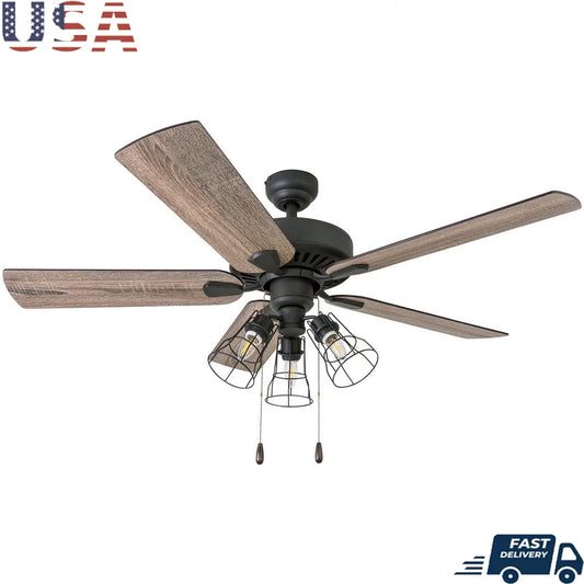 52InchBronzeCeilingFan5Blades3ArmCageLightKitPullChainsReversibleMotorQuietOperationHighAirFlowIndoorLightingHomeDecor