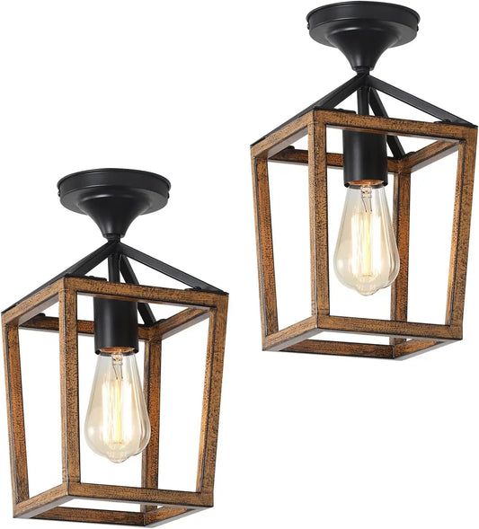Farmhouse Semi-Flush Ceiling Light - Wood Grain Metal Industrial Fixture for Dining Room, Hallway & Entryway (2-Pack)