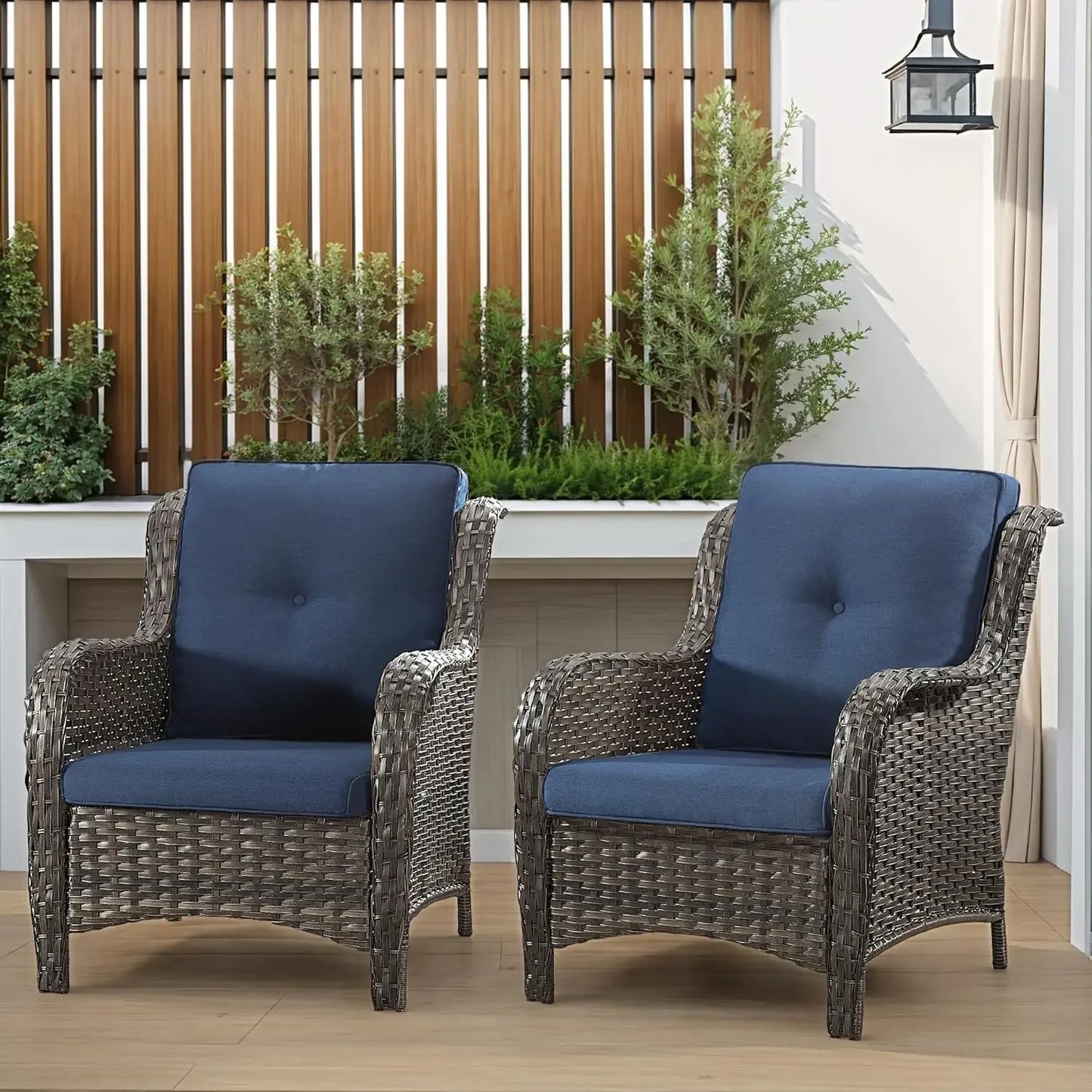 Patio Wicker Patio Chairs Set of 2, Outdoor Dining Chairs with 3.5-inch Seat Cushions, High Back and Curved Armrest for Garden