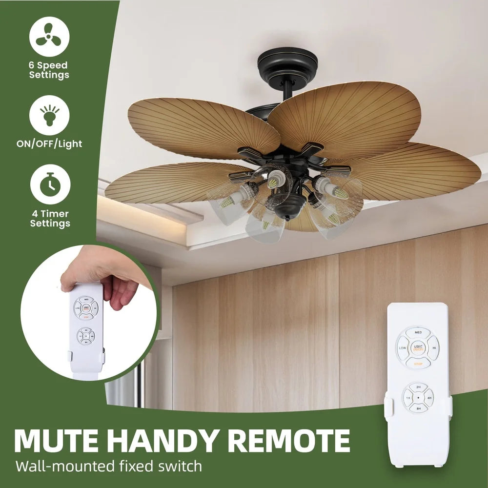 52 Inch Tropical Ceiling Fan with Light Remote Control 3 Speed Silent Motor 5 Palm Leaf Blades Timer Function Indoor Use