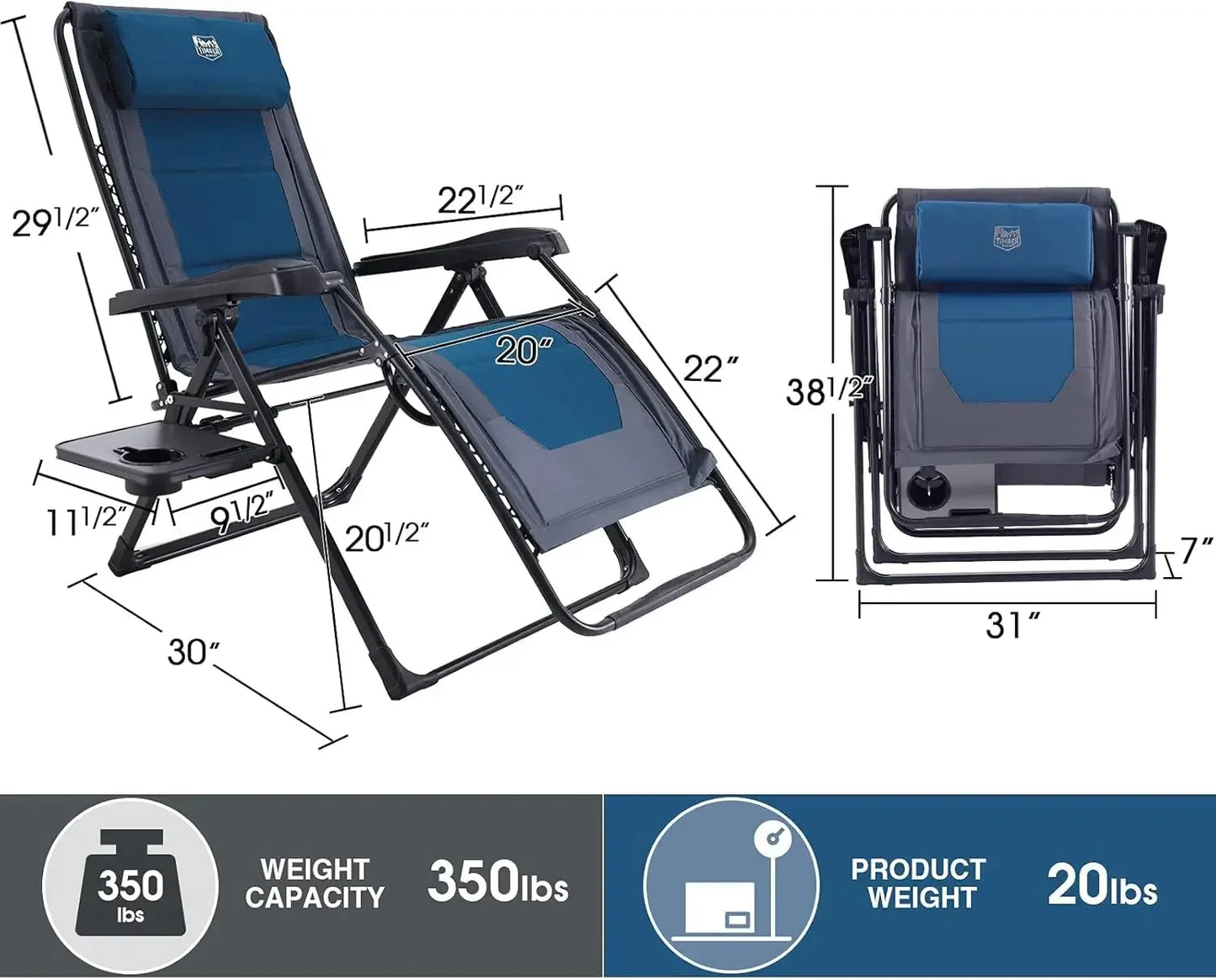 Zero Gravity Chair Oversized Recliner 350lbs Capacity Patio Lounge Chair Padded Lawn Chair with Headrest XXL for Outdoor