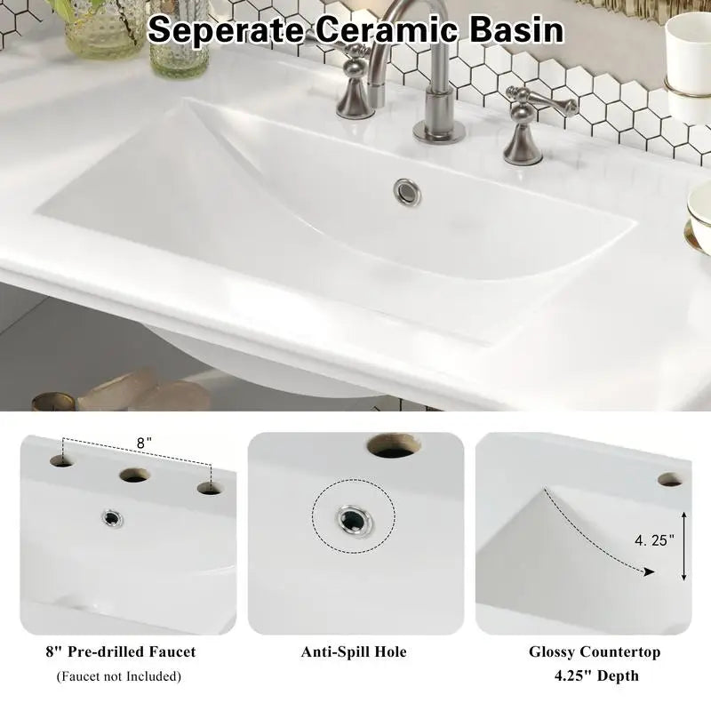 36" Bathroom Vanity with Ceramic Sink and Adjustable Open Shelf, Solid Wood Legs, Waterproof Finish, Silver Knobs, Soft Close