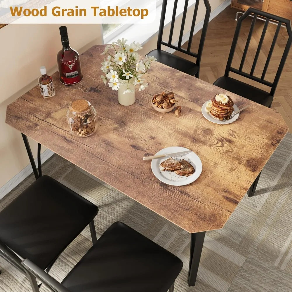Dining Table Set for 4,Kitchen Table and Chairs for 4 with with Chamfer Design, 5 Piece Dining Room Table Set with Cushion Seats