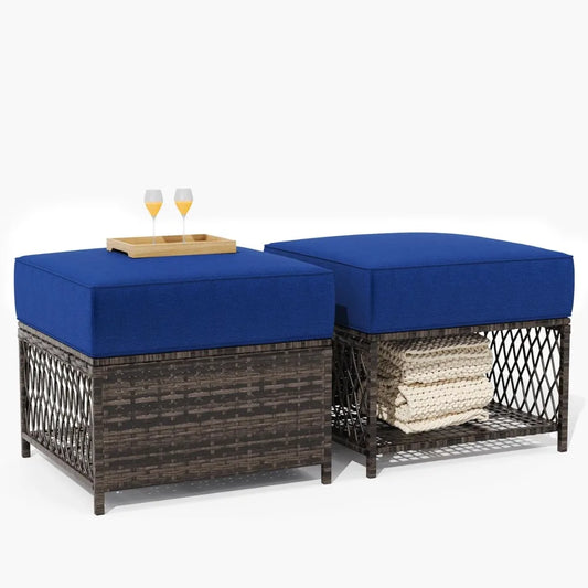 2 Pieces Outdoor Patio Ottomans All Weather Rattan Wicker Ottoman Seat Patio Rattan Furniture Outdoor Footstool Footrest Seat