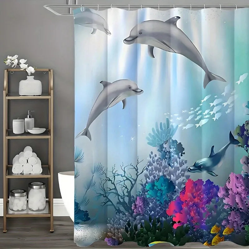 1pc Vibrant Undersea World Dolphin Shower Curtain - Waterproof,and Machine Washable Polyester Fabric Bath Curtain with Animal