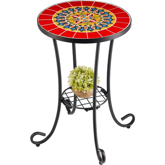 Patio Side Table and Plant Stand, 21" End Table with 14" Ceramic Tile Top for Porch Garden Decor, Indoor and Outdoor Mos