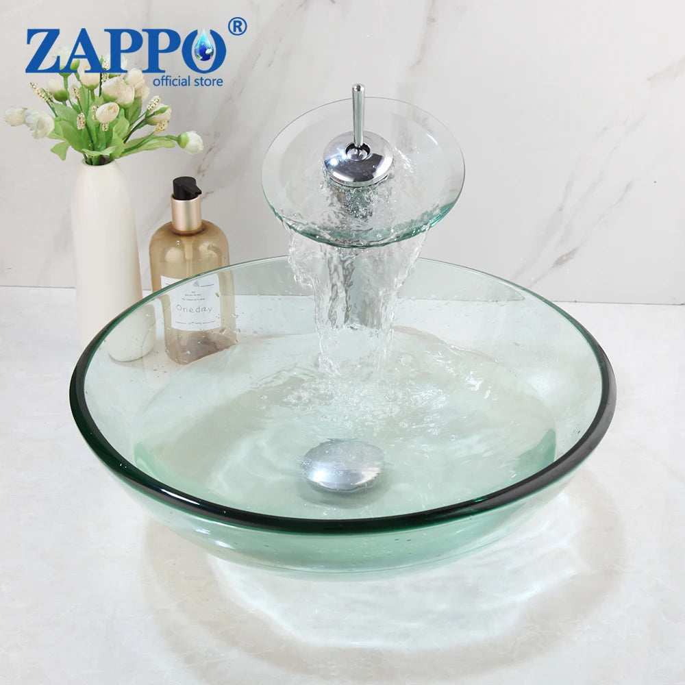 ZAPPO Round Bathroom Vessel Sinks 17 inch Tempered Glass Vessel Sink Clear Green Bathroom Sink Waterfall Bathroom Faucet Combo