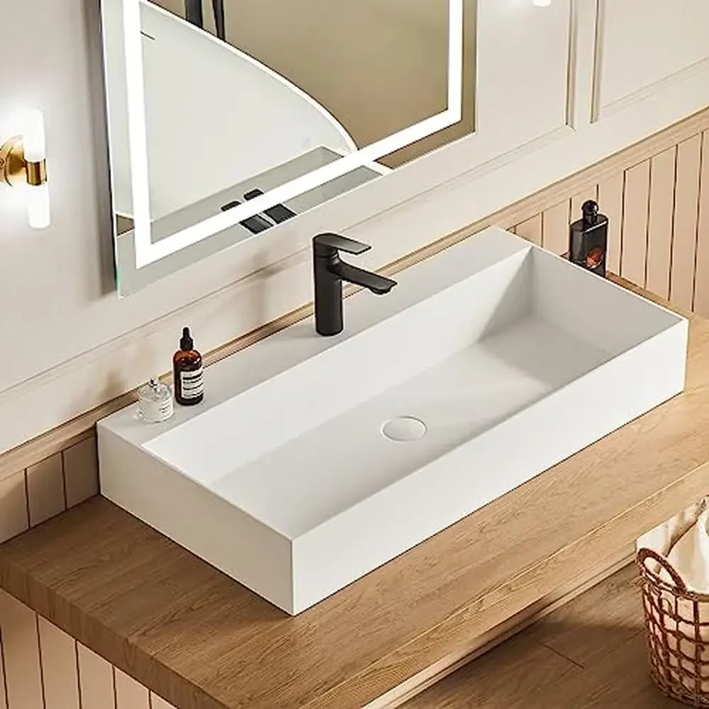 30x18 Matte White Stone Resin Wall Mount Bathroom Vessel Sink Combo with Pop-up Drain Repairable Surface Minimalist Design