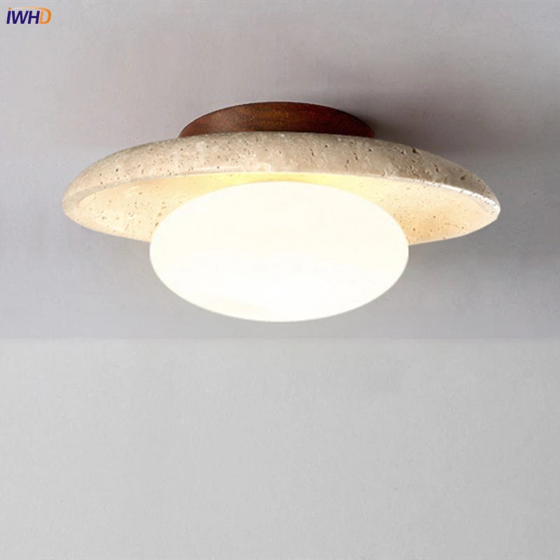 IWHD Nordic Modern Ceiling Lamp Wood Yellow Travertine LED Ceiling Light For Home Decoration Aisle Stair Bar Lámparas Para Techo