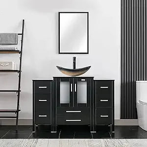 48" Modern Bathroom Vanity Sink Combo Black W/Small Side Cabinets Clear Boat Glass Vessel Sink & Water Save Faucet & Pop Up Dra