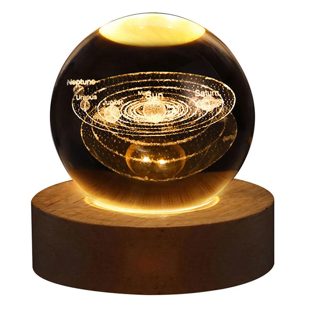 LED Crystal Ball Night Light Crystal Ball Lamp with Wooden Base Solar System Crystal Ball USB Charging for Home Decor