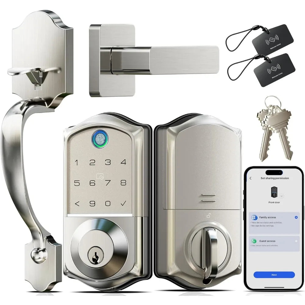 VE017-H Fingerprint Smart Front Door Lock Set, App Control, Keyless Entry Deadbolt with Handle, Smart Deadbolt, Emergency Power