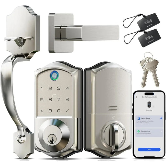 VE017-H Fingerprint Smart Front Door Lock Set, App Control, Keyless Entry Deadbolt with Handle, Smart Deadbolt, Emergency Power