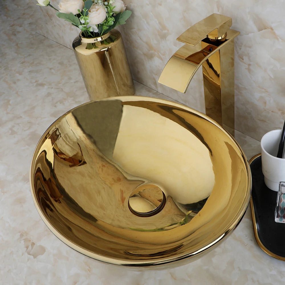 JIENI Gold Ceramic Vessel Sink Set Modern Bowl Washbasin Golden Faucet & Pop Up Drain Combo Basin Tap kit For Luxury Bathrooms