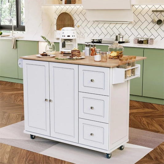 Rolling Kitchen Island on Wheels with Drop-Leaf, Mobile Kitchen Island Cart with 3 Drawers Storage Cabinet, Wood Countertop, Ad