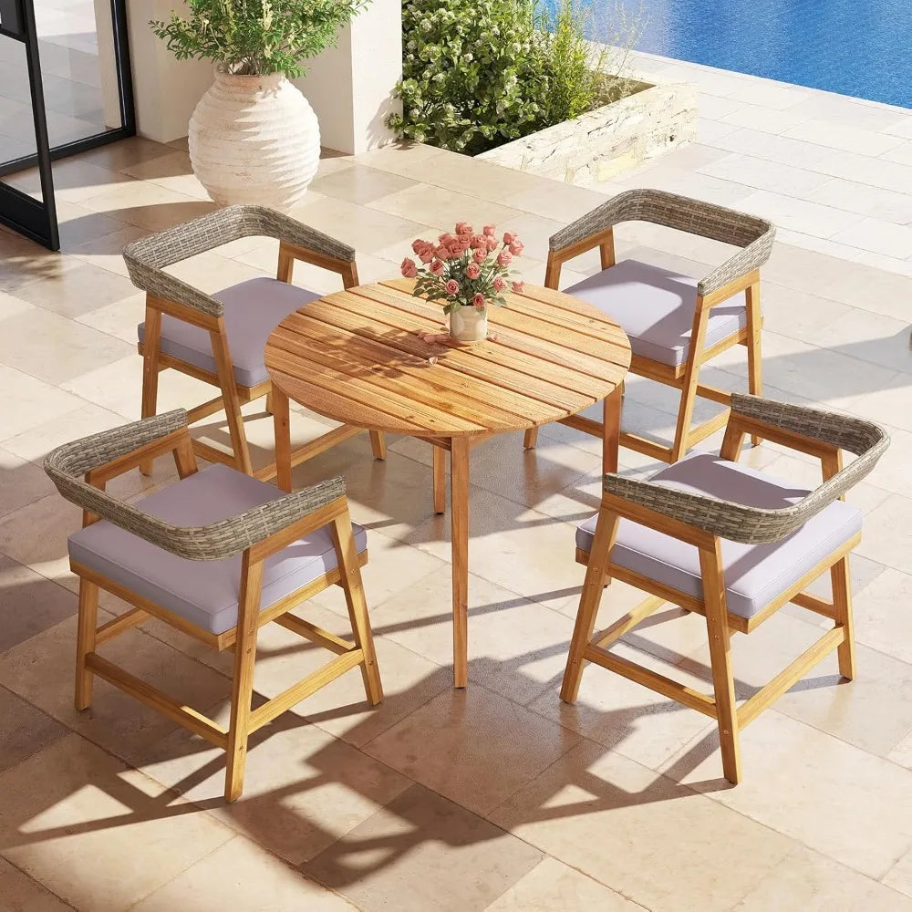 5 piece patio dining set for 4, outdoor solid wood round table with cushioned chairs, for deck, lawn, garden and poolside