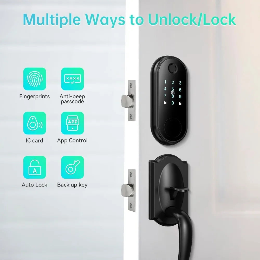 Smart Lock Front Door Set, Fingerprint Keyless Entry Front Door Lock with Handle, WiFi & Bluetooth App Control, Smart Deadbolt,