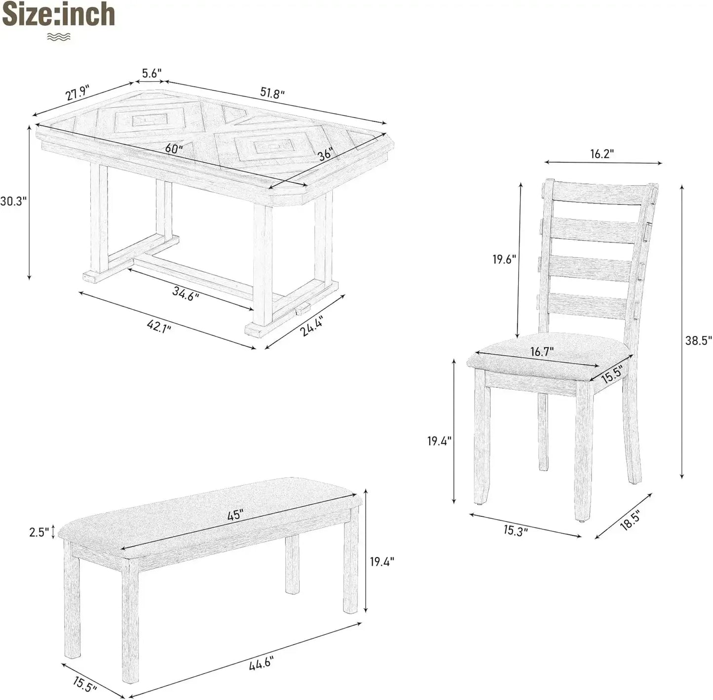 6-Piece Rubber Wood Dining Table Set with 4 Cushioned Chairs and Bench, Beautiful Wooden Grain Pattern Tabletop, Grey