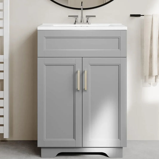 Bathroom Vanity with Ceramic Sink, Wooden Double Door Bathroom Storage Vanity with 24 Inch, Small Quick Assembly Bathroom