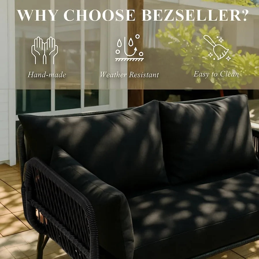 3Piece Outdoor Patio Furniture Set LShaped Rattan Sectiol Sofa with Thick Cushions Glass Coffee Table AllWeather Conversation