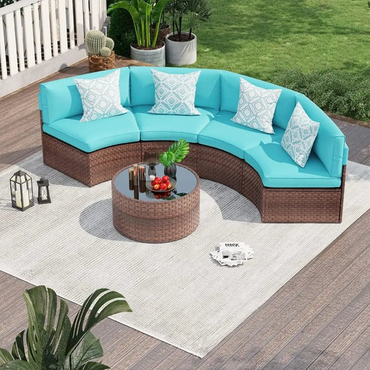5 Piece Patio Furniture Set Half-Moon Outdoor All-Weather Wicker Sofa with Coffee Table, Brown Rattan Turquoise