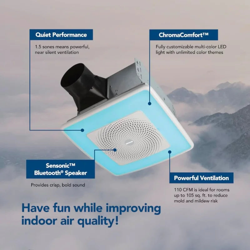 Broan-NuTone ChromaComfort Bathroom Exhaust Fan, 110CFM/1.5 Sones, with Sensonic Bluetooth Speaker and 24-color LED Light