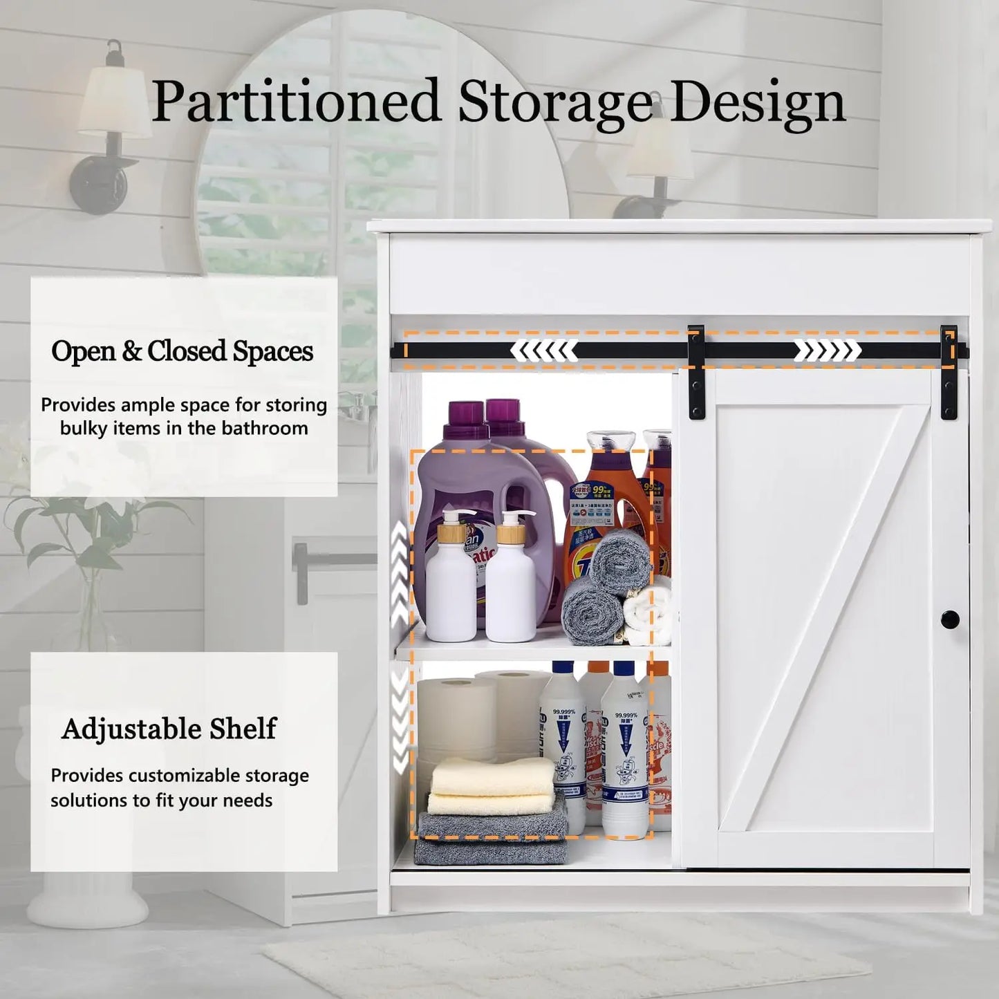 30" Farmhouse Bathroom Vanity with Sink, White Sliding Barn Door, Modern Bathroom Cabinet w/3 Drawers & Adjustable Shelves