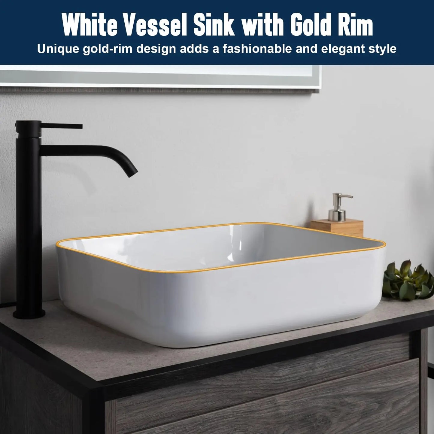 Ceramic Bathroom Sink Rectangular 20 X 16 Inch White Elegant Modern Style Gold Rim Vessel Sink Above Counter, Without Faucet