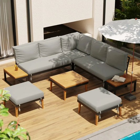 8 Pieces Patio Furniture Set, Outdoor Sectional Sofa Couch with Acacia Wood Coffee Table&Side Table,Modern Metal Outside